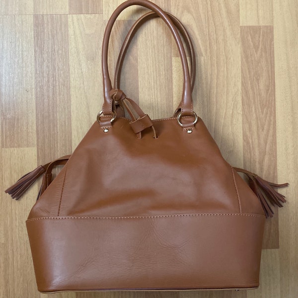 Valentina Fiore Brown Carmel Drawstring Leather Shoulder Bucket Bag Tote Made In Italy