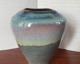 Bill Campbell Style Studio Art Pottery Ceramic Abstract 7.5” Vase Drip Glaze Signed