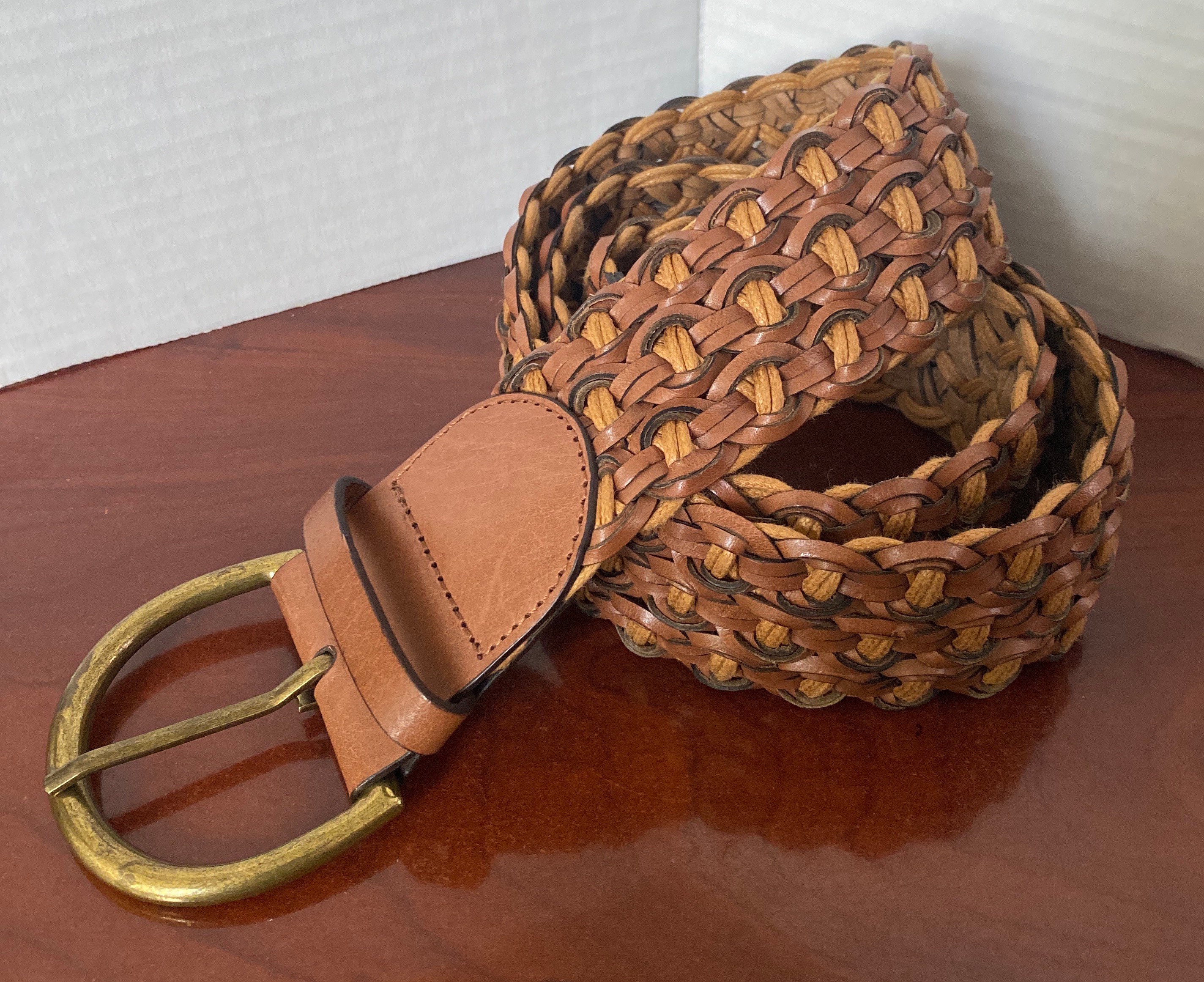 Vintage Ann Taylor LOFT Woven Leather Belt Brown Size L Boho Brass Buckle Ann Taylor Loft Brown Wide Leather Belt With Metal Single  main image 3