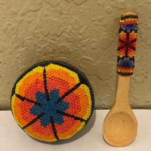 Vintage Hand Carved Small Wood Beaded Small Bowl and Spoon