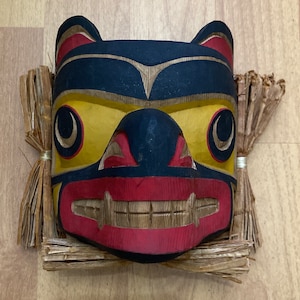 Hand Carved Northwest Coast Native Art Bear Mask by Sammy Dawson Signed Hand Painted Art Sculpture