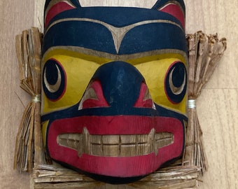 Hand Carved Northwest Coast Native Art Bear Mask by Sammy Dawson Signed Hand Painted Art Sculpture