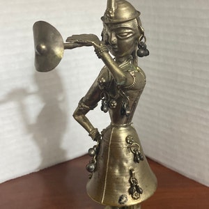 Antique India Hindu Handcrafted Silver Tone Metal Woman Musician Blowing Horn