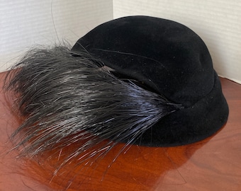 Vintage 60s or 70s John Fredericks New York Beautiful Black Wool Bowler Hat with Feathers Made in USA