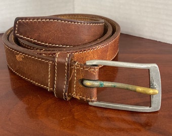 Vintage Rare Polo Ralph Lauren Distressed Brown Leather Belt and Pewter Buckle Made in England Men