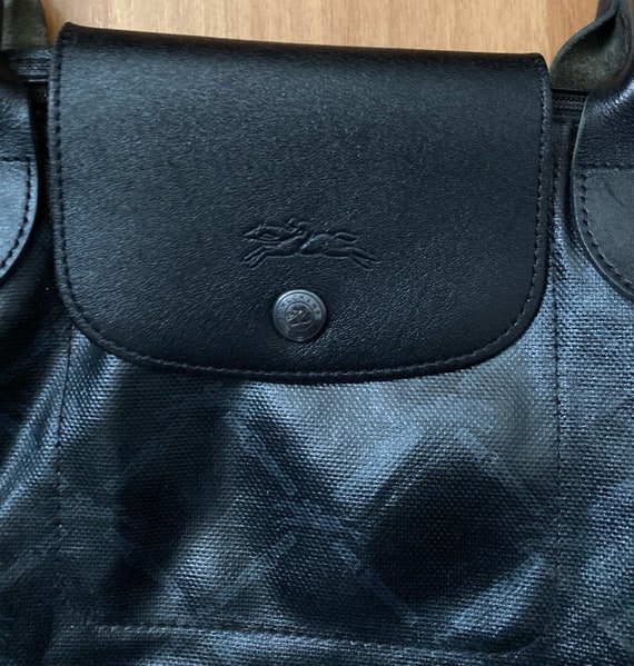 Longchamp Black Coated Canvas Shoulder Hand Bag Purse Leather Strap Made in France
