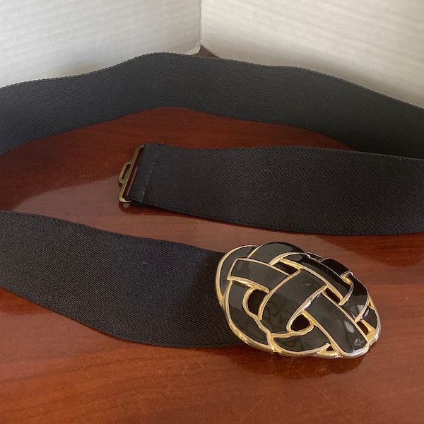 Vintage DAY-LOR Retro Brass Black Enamel 3” buckle & Stretch Black 2” Wide Belt Made in USA