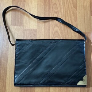 Vintage 70s Yano Evening Black Striped Leather and Gold Tone Trim Shoulder Bag Clutch Purse