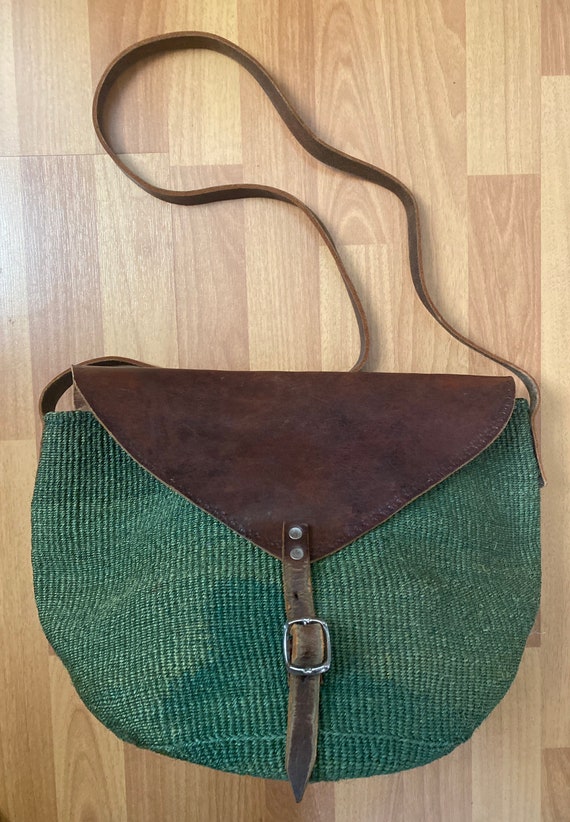 Vintage Green Woven Straw Hobo Straw Bag with Brow