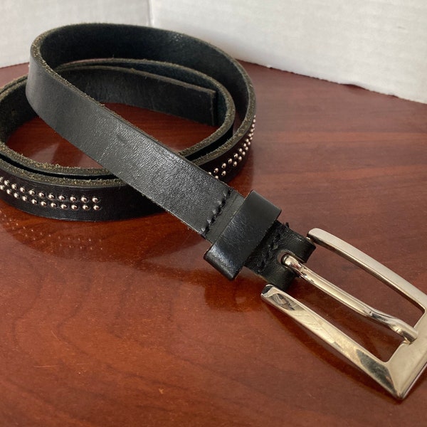 San Giorgio Black Leather Slim Silver Tone Studded Belt with Brass Buckle Women Large Made in Italy