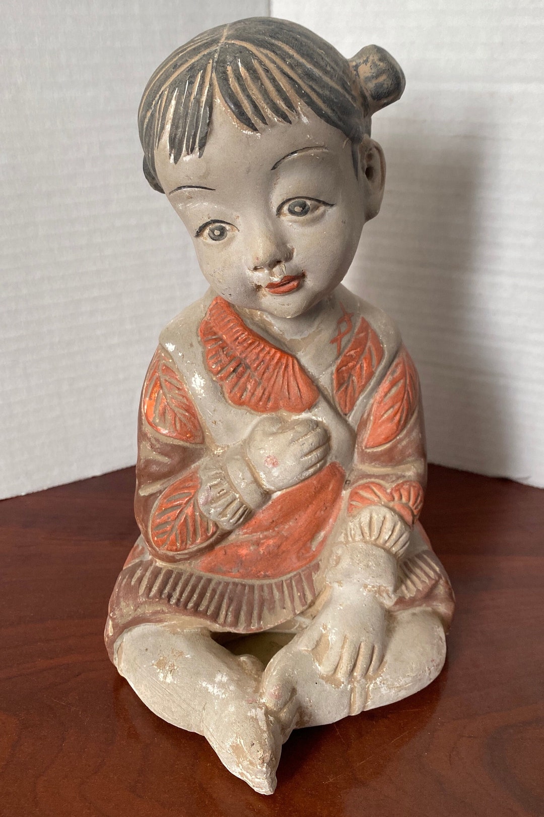 Antique 1950s Asian Girl Clay Pottery Statue Made in Hong Kong Etsy
