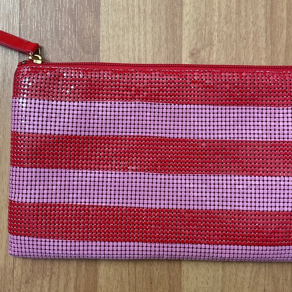 Felix Rey for Bergdorf Goodman Pink Red Stripped Mesh Cosmetic Makeup Bag Zipper Pouch and Red Satin Interior