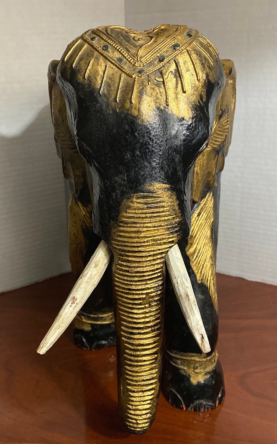 Handcrafted Large 12 Heavy Black and Gold Elephant Home Decor 10 Pounds