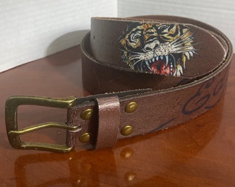 Ed Hardy Lion Head Brown Distressed Leather Wide Belt with Brass Buckle Women Small