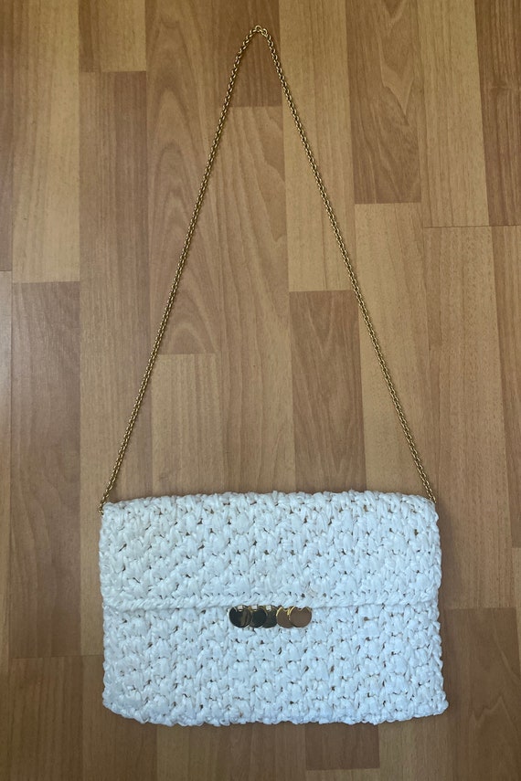 Vintage Rodo White Rafia Crochet & Leather Lining… - image 2