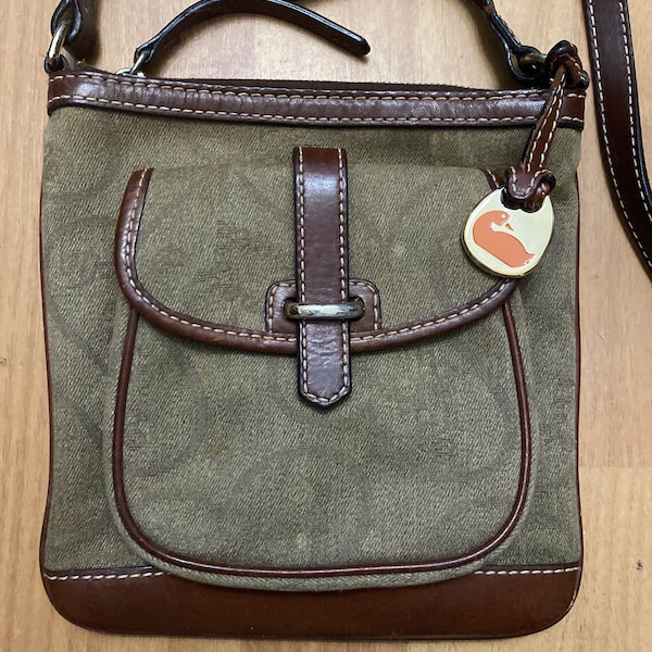 Dooney and Bourke Olive Canvas & Brown Leather Crossbody Shoulder Bag Purse with Red Interior