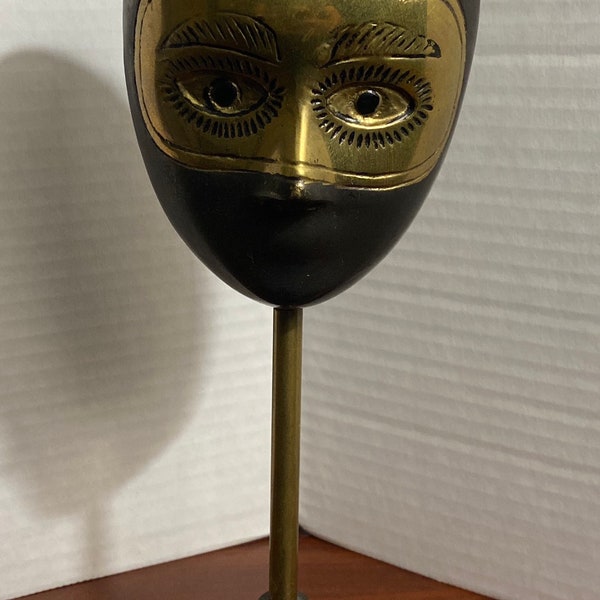 Vintage Handcrafted Brass Mask On Pedestal Stand Hand Painted Sculpture 10.5” Tall