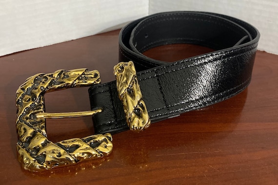 Tarnished Patent Black Leather Dress Belt With Large Gold Tone