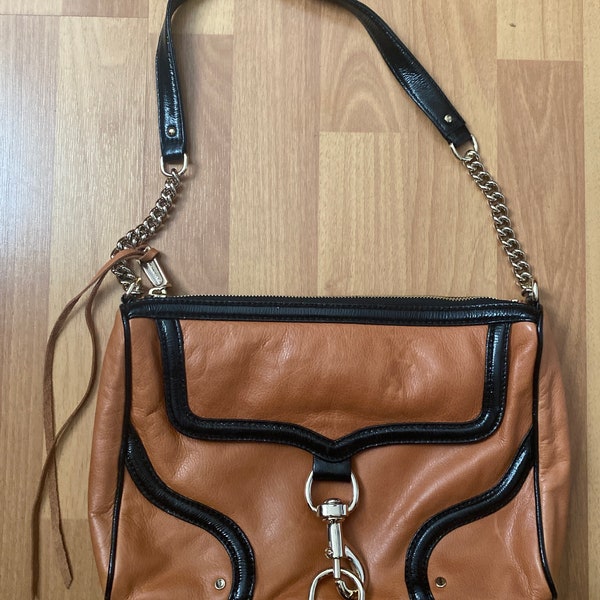 Rebecca Minkoff Carmel Brown Leather & Black Trim Shoulder Bag Chain Strap