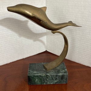 Vintage Beautiful Brass Dolphin 8” Tall Sculpture with Green Marble Base