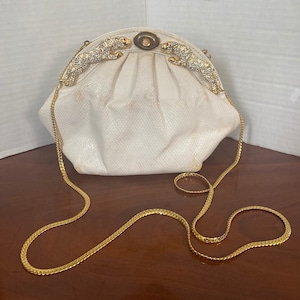 Cuero de noche blanco vintage con diamantes de imitación de pantera Bolso de mano cruzado Correa de cadena en tono dorado