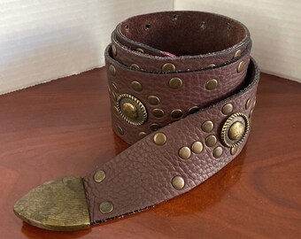 Vintage 1990s Hobo Brown Wide Leather Studded Belt Brass Women Small