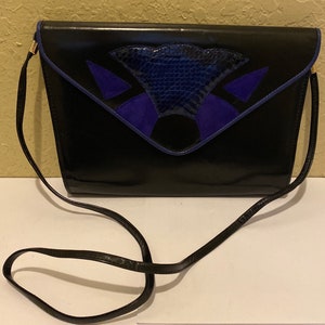 Vintage Jasmin azul genuino piel de serpiente negro cuero embrague hombro noche crossbody bolso bolso