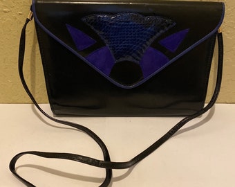 Vintage Jasmin Blue Genuine Snake Skin Black Leather Clutch Shoulder Evening Crossbody Bag Purse