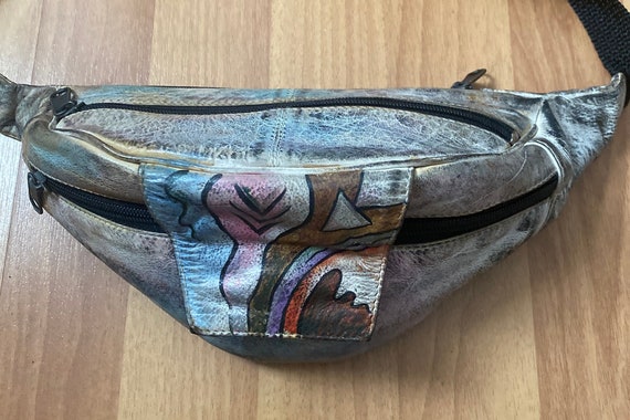 Vintage 1990s Retro Hand Painted Colorful Leather… - image 1
