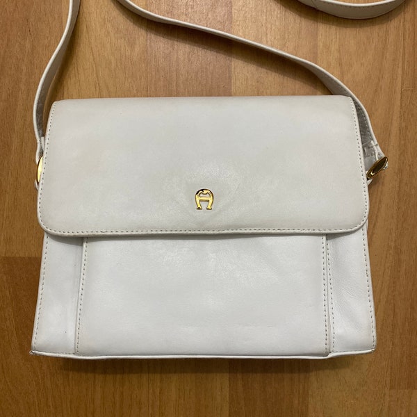 Vintage Etienne Aigner White Cowhide Leather Crossbody Shoulder Bag Purse with Many Pockets