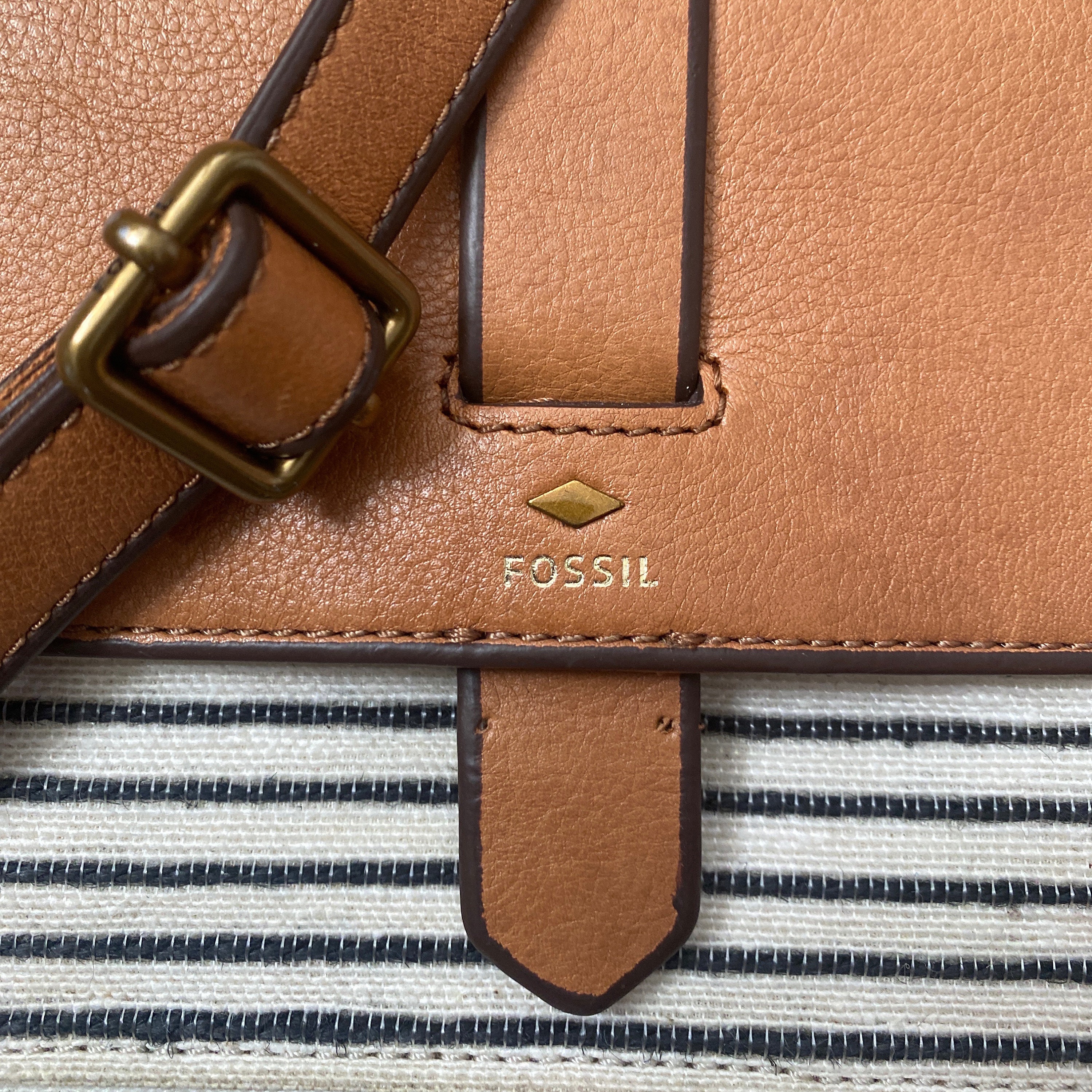 FOSSIL Front Flap Pocket Small Bag Crossbody Striped Fabric Tan 