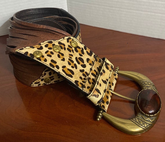 Chicos Wide Brown Shredded Leather Belt Cheetah Leopard Hair Embossed Belt  Women Medium 