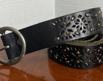 Vintage Nordstrom Treasure & Bond Women Black Studded Wide Leather Belt Metal Buckle Size Small