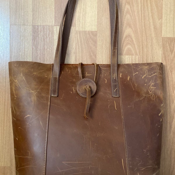 Vintage Handmade Rustic Distressed Brown Leather Hobo Shoulder Bag Large Tote Made in USA
