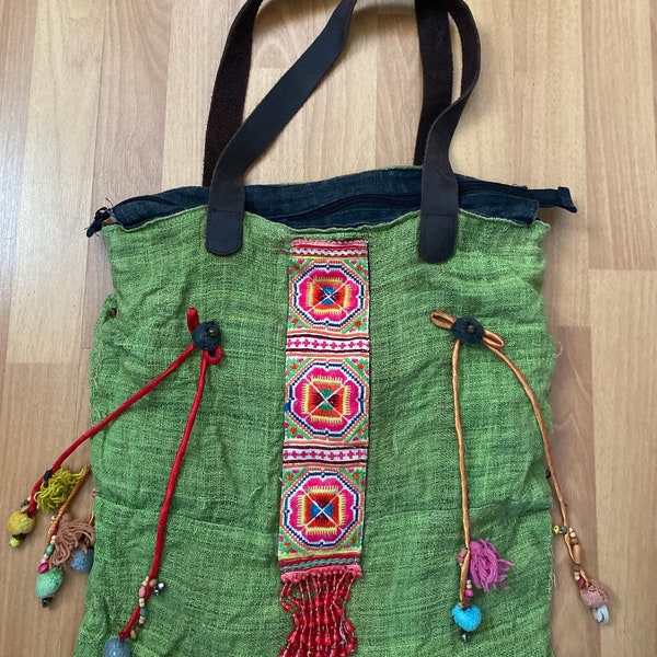 Hippie Hobo Large Multicolor Shoulder Bag Boho Patchwork Beaded Tote Leather Straps Made in Thailand