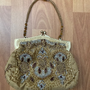 Christiana Small Gold Tone Pure Satin Hand Beaded Embellished Purse Evening Bag