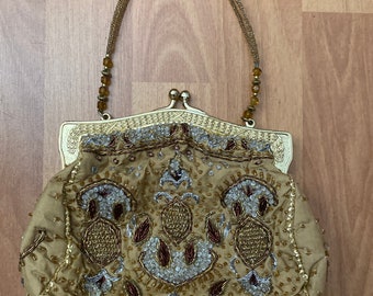 Christiana Small Gold Tone Pure Satin Hand Beaded Embellished Purse Evening Bag