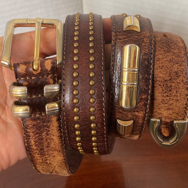 Vintage Brown Distressed Leather Belt Brass Studded Concho & Brass Buckle Women M/L Made in Spain