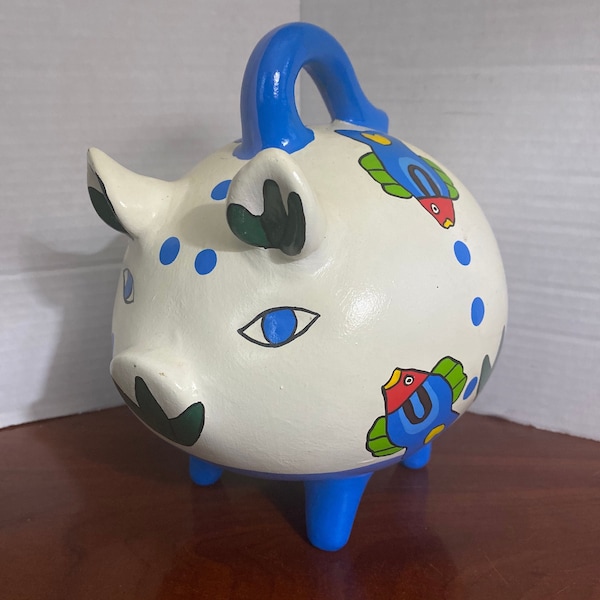 Piggy Bank with Handle Folk Art Hand Painted Pottery Handcrafted Art Made In Mexico