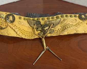 Vintage Rare 1980s Lily Farouche Handcrafted Belt Wide Camel Leather Brass Studded Rhinestones Made in Germany