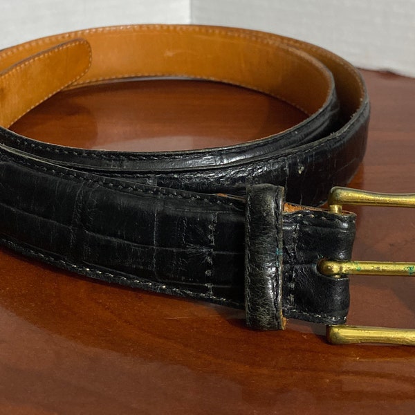 Martin Dingman importé cuir de veau alligator noir et cuir de selle doublé marron ceinture avec boucle en laiton hommes 44 Made in USA