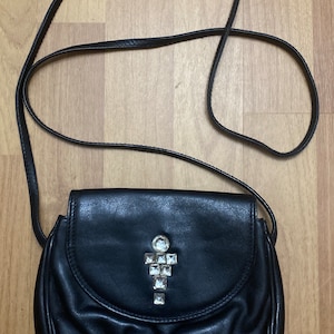 Vintage 80s Black Leather Jeweled Clutch Shoulder Crossbody Bag Purse Made in Italy