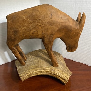 Vintage Art Hand Carved Wooden Sculpture Pig on Wood Base