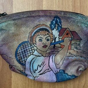 Vintage Coin Purse Hand Painted Leather Pouch Tennis Theme Made in India