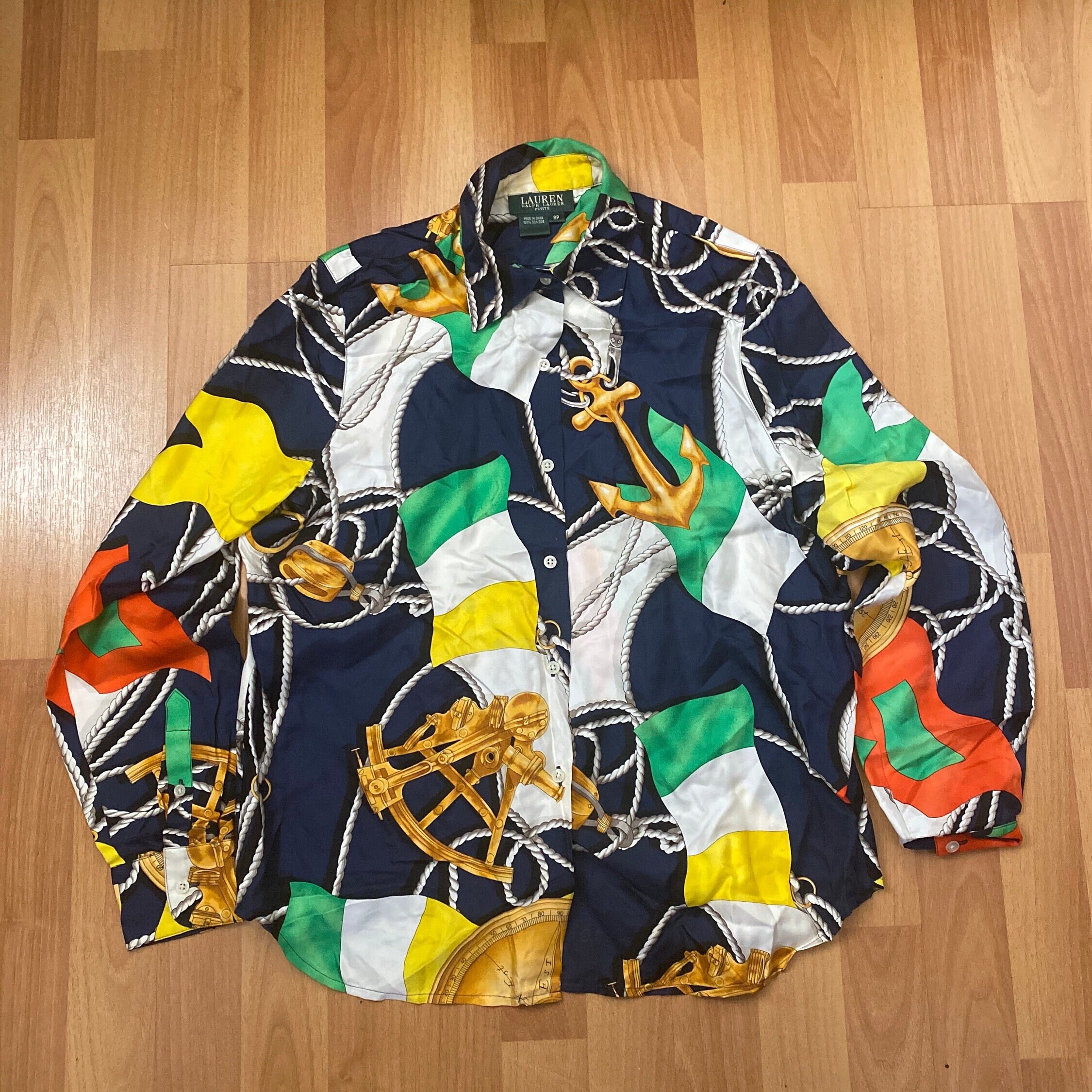 Lauren Ralph Lauren Silk Nautical Anchor Rope Compass Button Shirt  