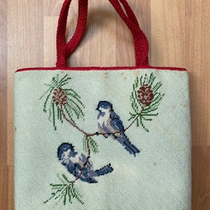 Vintage 70s Needlepoint tejer hilo bolsa Tote pájaros patrón interior forro adjunto bolso