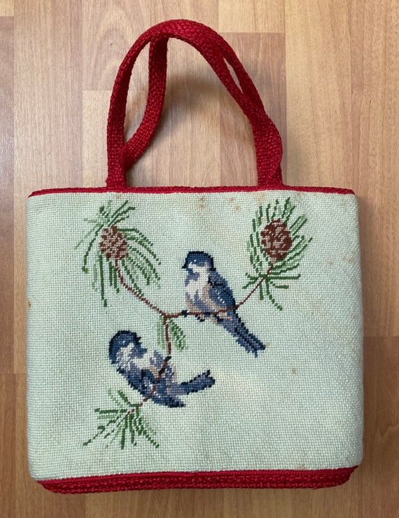 Vintage 70s Needlepoint Knitting Yarn Bag Tote Birds Pattern