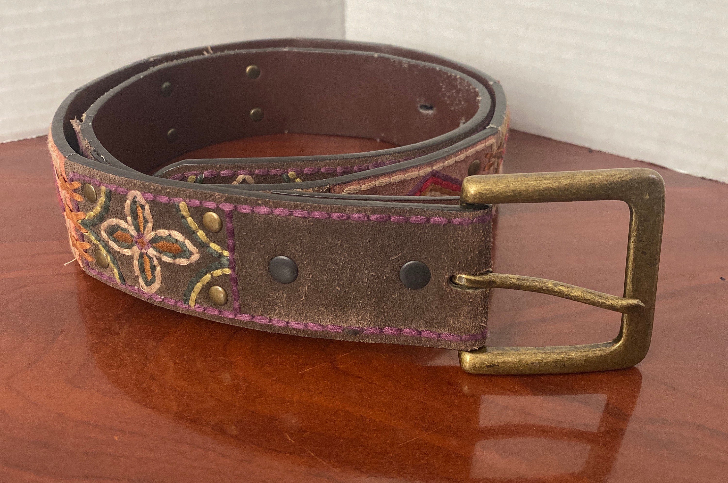✨️Aura Brown Hand Etched Leather Riveted Blinged Out Large Belt! ☆Stylish lot of leather belts. First belt is burgundy with  main image 2