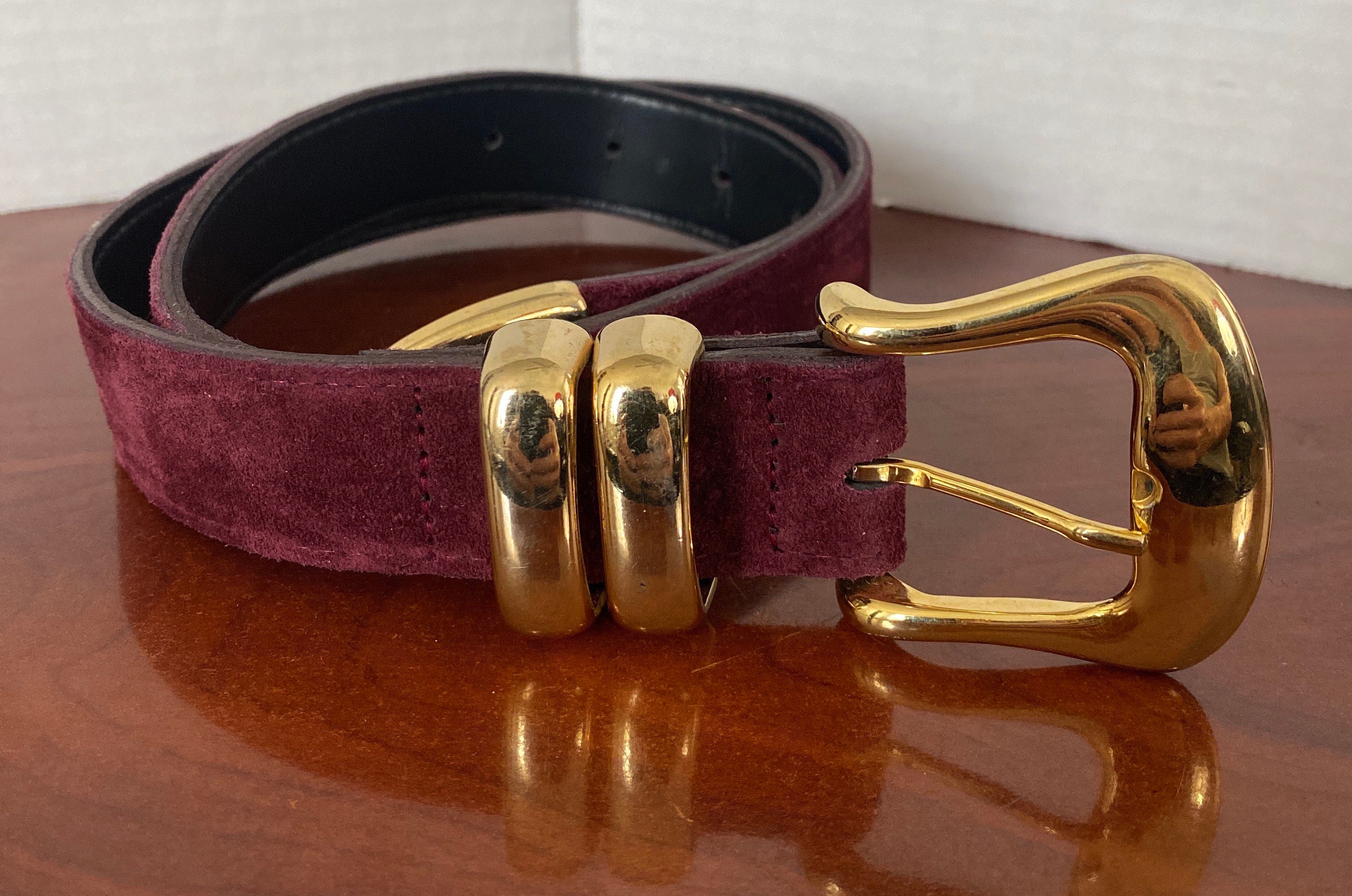 Vintage-Inspired Burgundy Suede Belt with Ornate Antique Brass Buckle 60s 70s Burgundy Oxblood Thick Leather Belt M L XL 36 38  main image 4