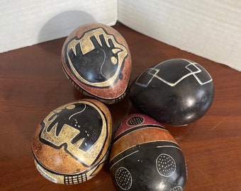 Vintage Four 3” Stone Egg Hand Etched African Hand Painted Decor Made in Kenya
